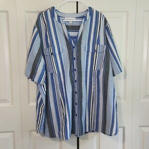 Roaman's Womens Multi-colored Striped V-neck Button Top Size 30W NWOT Seersucker